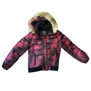 American Eagle Down Puffer Coat Faux Fur Hood Pink Black Tie Dye Women’s Large